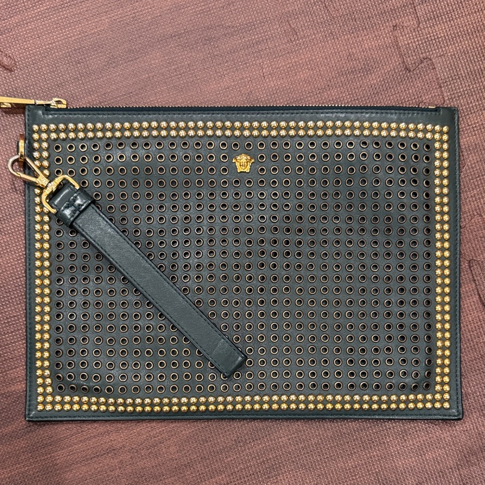 Versace Black Leather Clutch with Gold Stud Detail